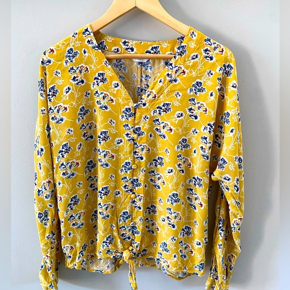 Denver Haynes Floral Modal Blend Blue Yellow Tie Hem Button Down Long Sleeve Top - Picture 1 of 2